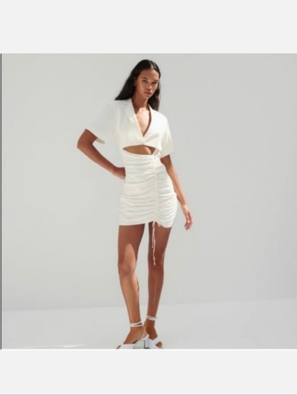 Zara Linen Blend Ivory Cream Cut Out Open Back Ruched Mini Shirt Dress Size XS - Picture 9 of 9